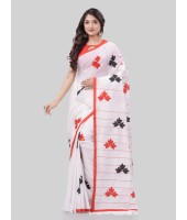 DESH BIDESH Women`s Bengali Khesh Pure Cotton Handloom Saree Tri Flower Designed With Blouse Piece (White Red Black)